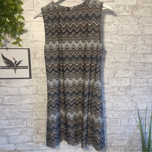 Ab STUDIO Jersey Knit Neutral Color Gray Blue Tan Pattern Print Dress Size Large - Picture 3 of 6